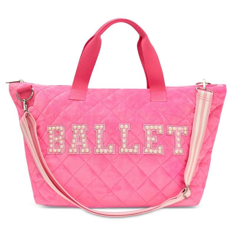 pink overnight tote with Ballet written on the side in pearl applique parches. pink and ivory striped strap attached. 