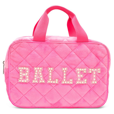 large pink cosmetic bag with Ballet written on the side in pearl applique patches. the bag has a handle