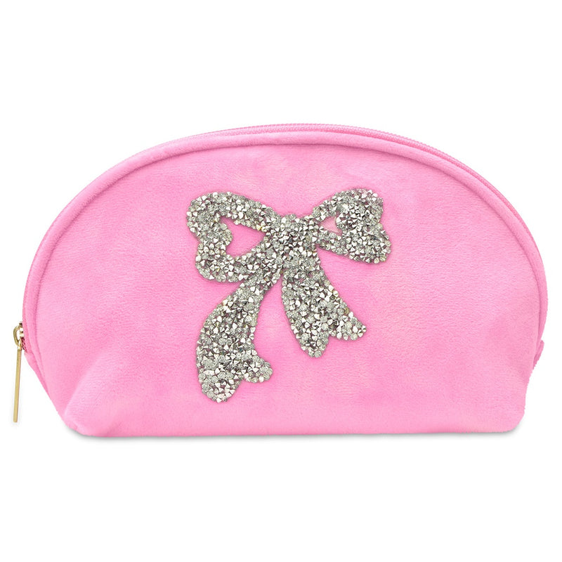 pink velour cosmetic bag with rhinestone applique on the front. 