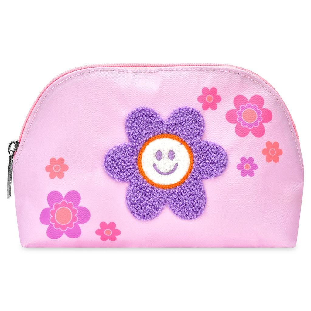 lavender cosmetic bag with a zipper closure, a few small daisies screen printed on it with one larger lavender daisy in the center. 