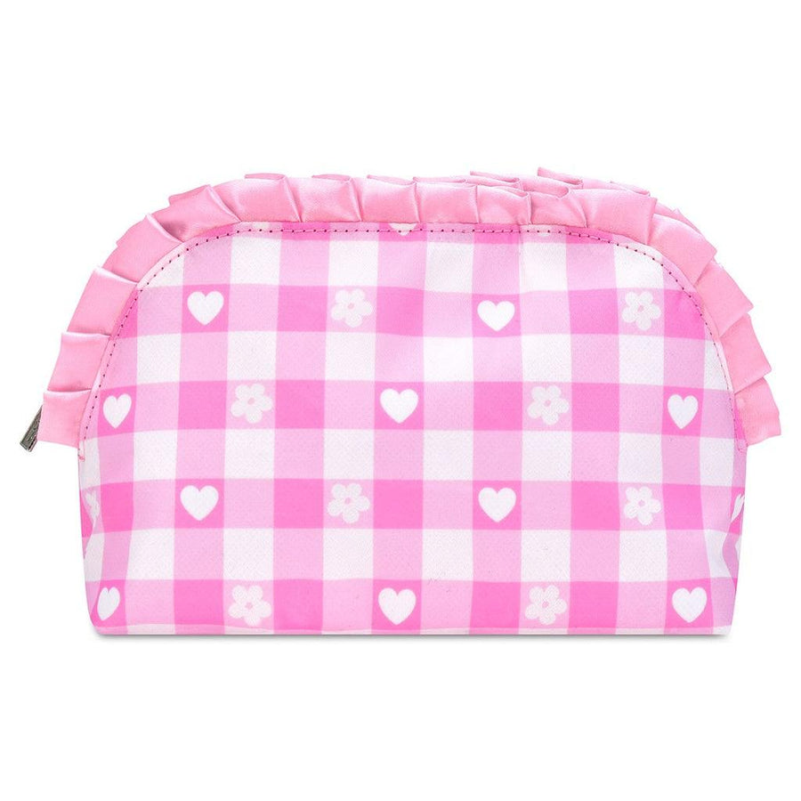pink and white gingham cosmetic bag with ruffles along the zipper. a small heart and daisy in every few squares. 