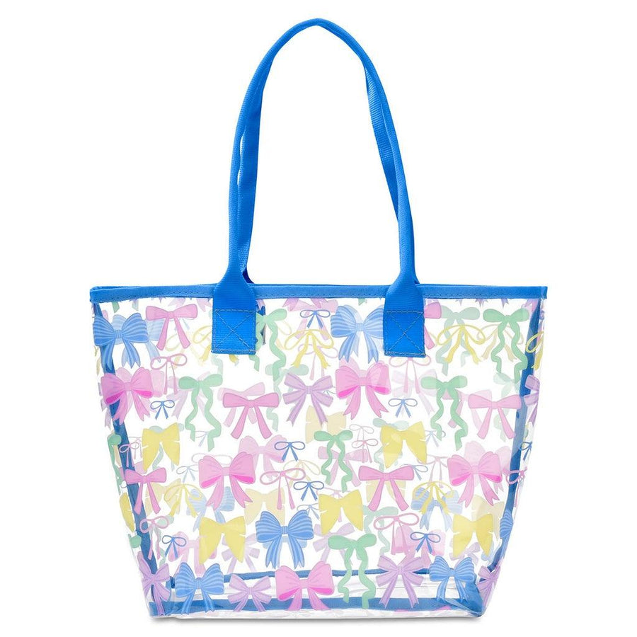 clear tote bag with bright blue trim and colorful bows printed all over the tote. 