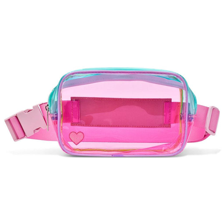 clear pink plastic fanny pack with blue top and zipper closure. 
