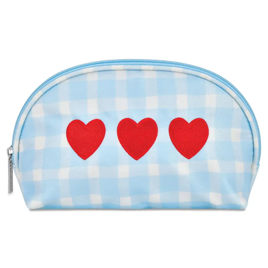 Cosmetic bag with red hearts on a blue and white checkered background