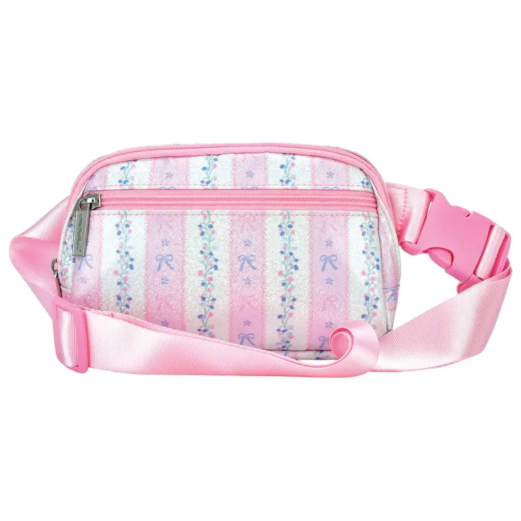 Pink waist bag with floral pattern on a white background