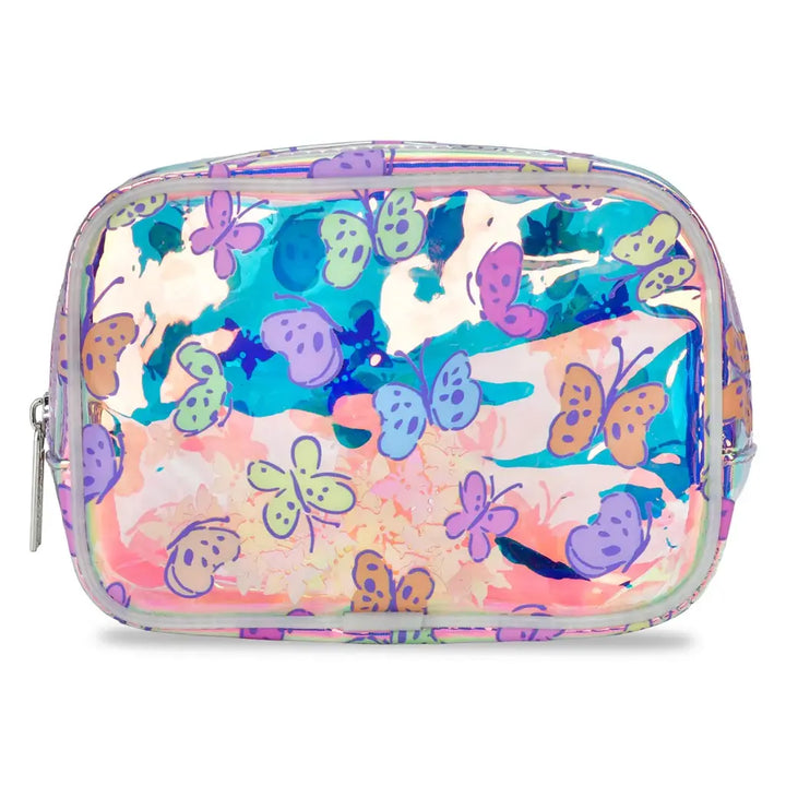 Multicolored butterfly-patterned pouch on a white background