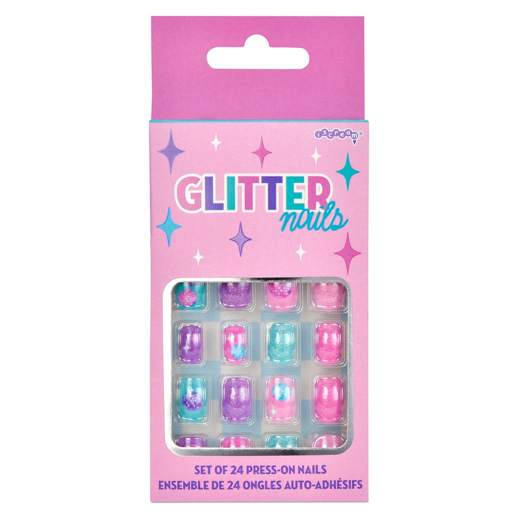 Pack of press-on nails with glitter design on pink packaging