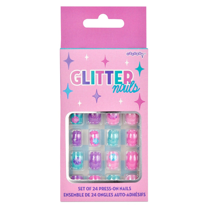 Pack of press-on nails with glitter design on pink packaging