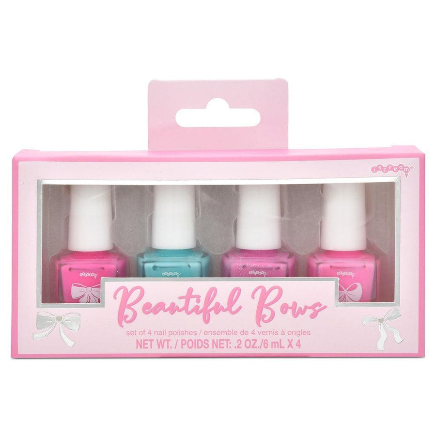 set of nail polishes in gift packaging: pink, pink sparkle, teal, light pink sheer. 