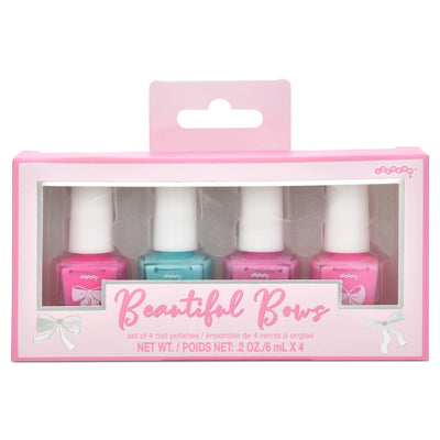 set of nail polishes in gift packaging: pink, pink sparkle, teal, light pink sheer. 