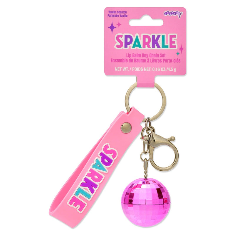 sparkle disco ball lip balm keychain. 