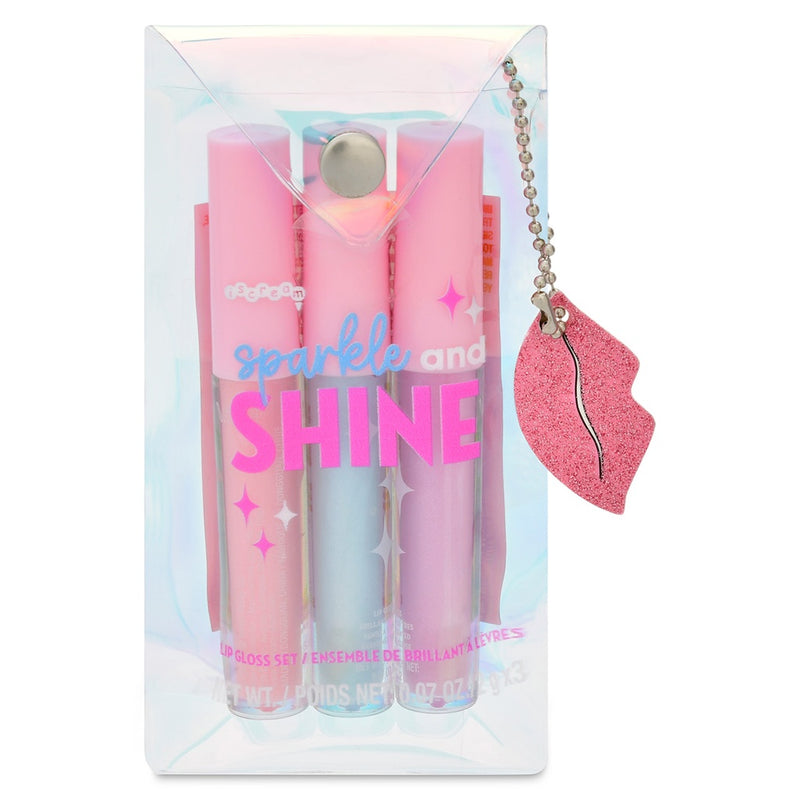 package of 3 lip glosses: pink, blue and purple. all three lip glosses can be found in a reusable pouch that snaps at the top