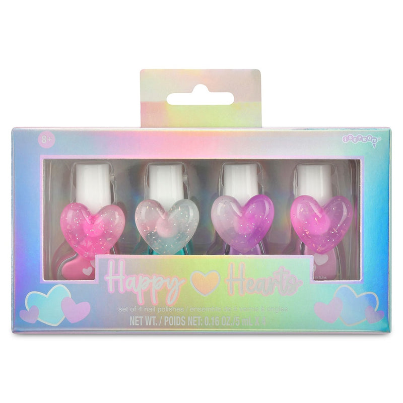 set of 4 nail polishes: one pink ,one green, one purple, one lavender in heart shaped bottles with heart rings on the top of bottles. 