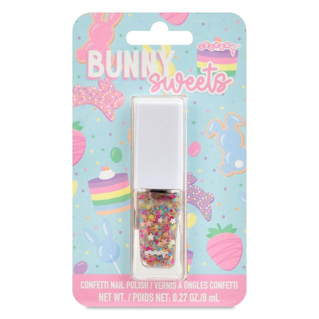 glitter confetti nail polish in a rectangular container. the packaging says " Bunny Sweets" on it. 