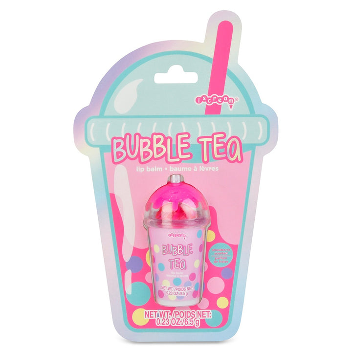 Bubble tea lip balm packaging with a pink straw on a white background