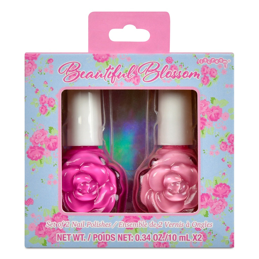 Packaged set of two nail polishes with floral design and 'Beautiful Blossom' branding.
