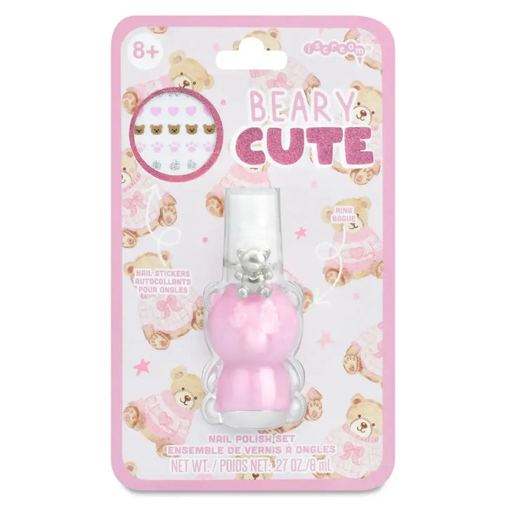 Pink nail polish bottle with bear design on packaging labeled 'Beary Cute' on a white background.