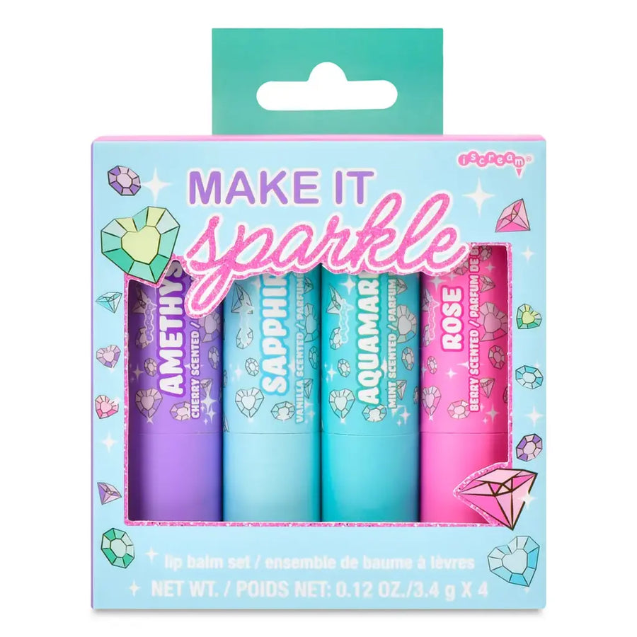 Packaging of lip gloss set with colorful lip gloss tubes and 'Make It Sparkle' text.