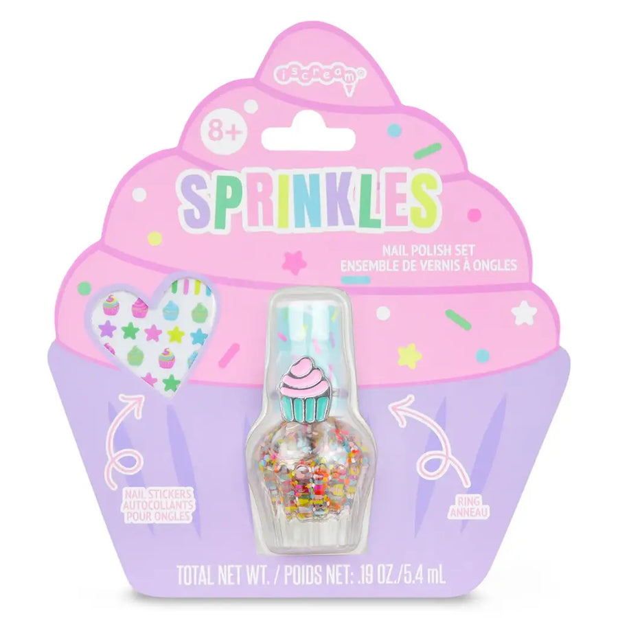 Sprinkles nail polish set packaging with pink and purple design