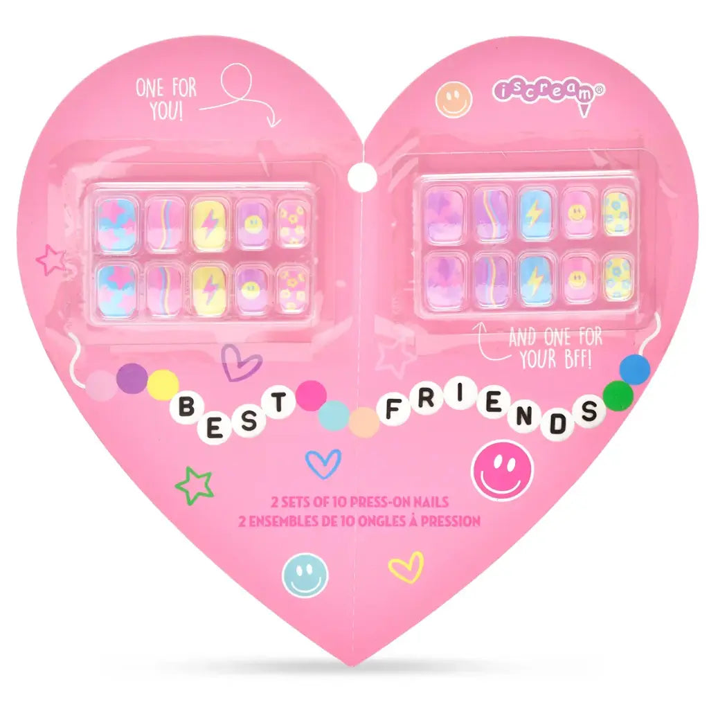 Heart-shaped packaging of press-on nails for best friends with colorful designs and text.