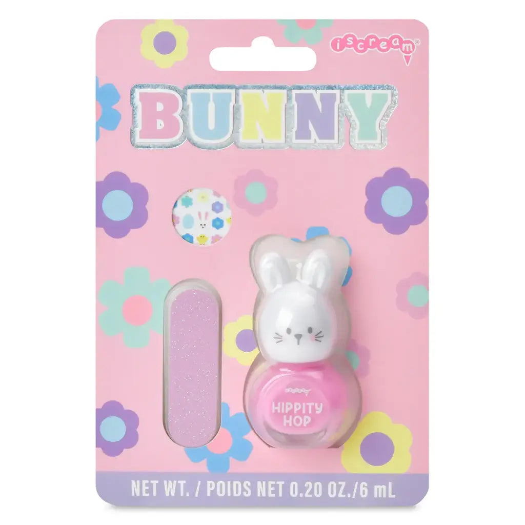 Pink nail polish with bunny design in packaging on a white background