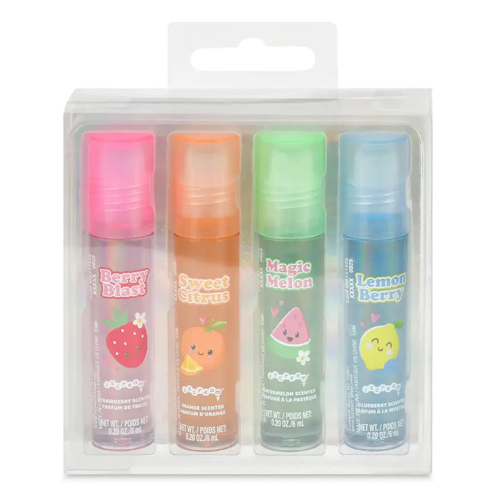 Four colorful lip gloss in a packaging with labels on a white background