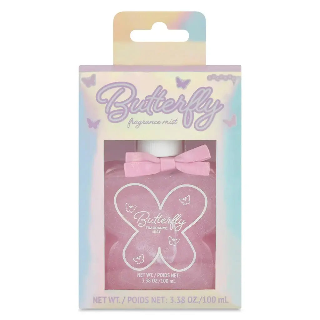 Butterfly fragrance mist packaging with a pink bottle and bow tie on a white background