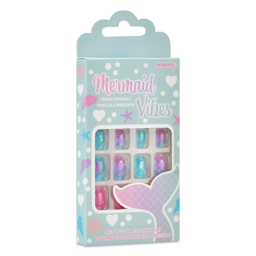 Packaged nail art set with 'Mermaid Vibes' text and mermaid-themed design on a light blue background.