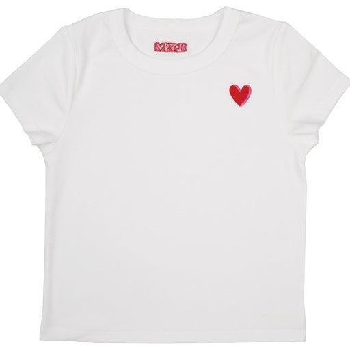 white tee shirt with embroidered red heart on it. 