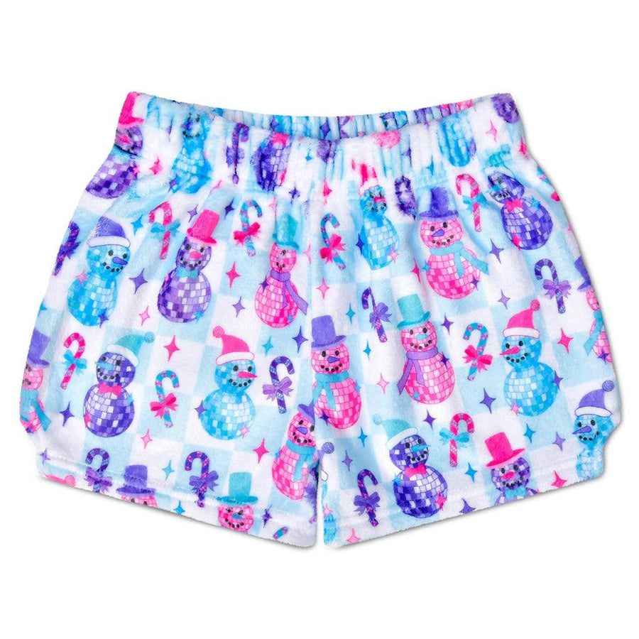 fleece elastic waist plush shorts with snowmen all over. snowmen have disco balls as their bodies instead of snow