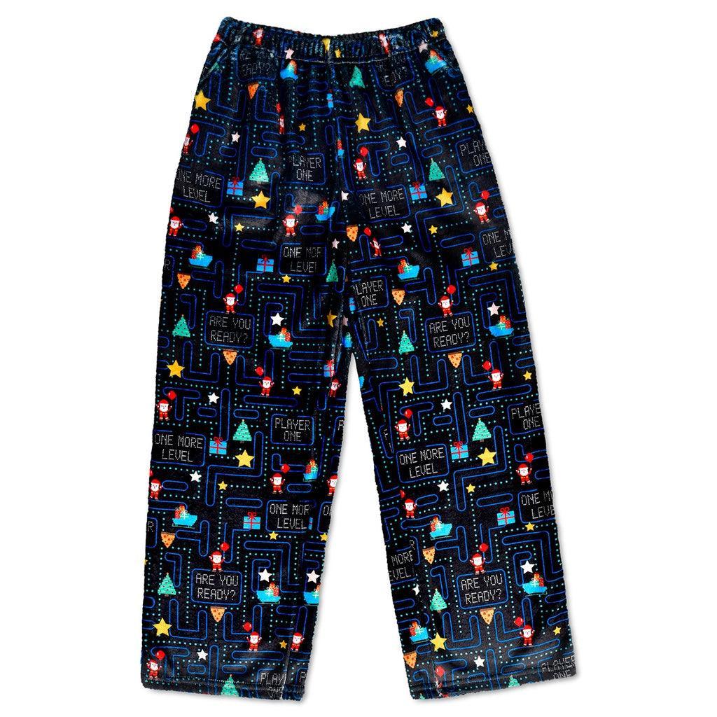black plush pants with a video game print on the pants. 