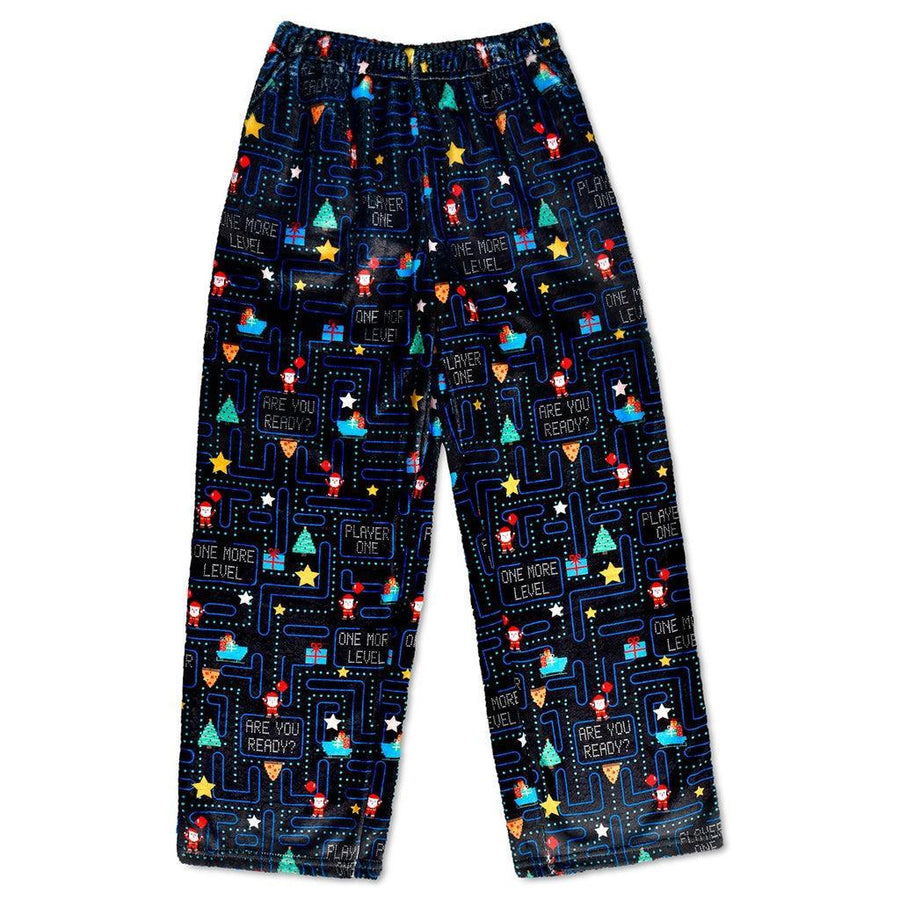 black plush pants with a video game print on the pants. 