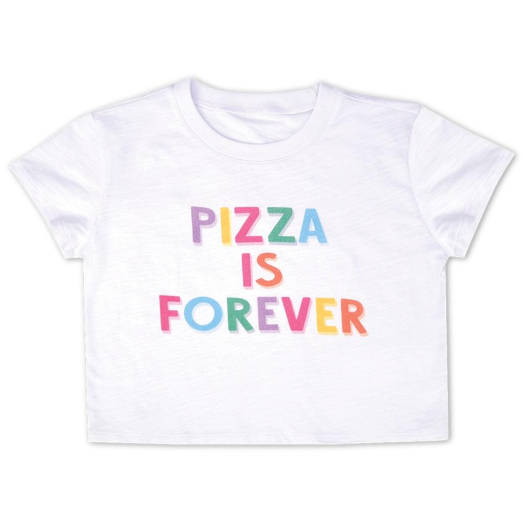 boxy white tee shirt that says Pizza is Forever