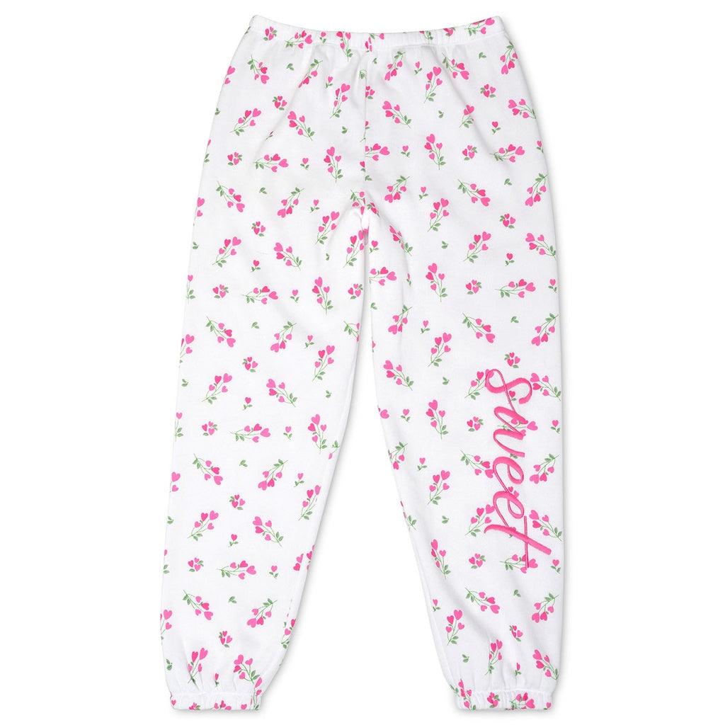 white sweatpants with tiny hearts in floral bouquets on a stem with the word 'sweet' written down the side on the left leg