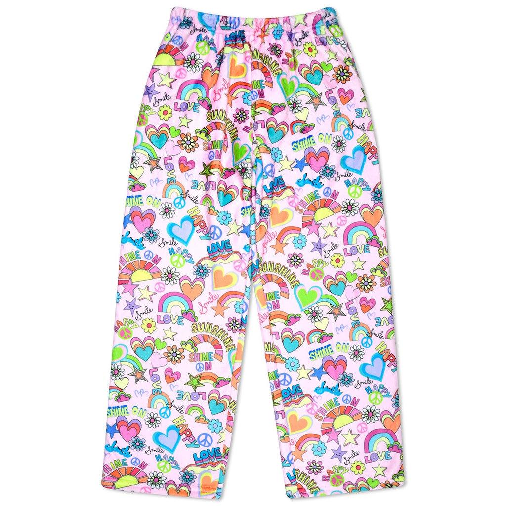 plush pants with colorful happy design, hearts, sunshine and stars