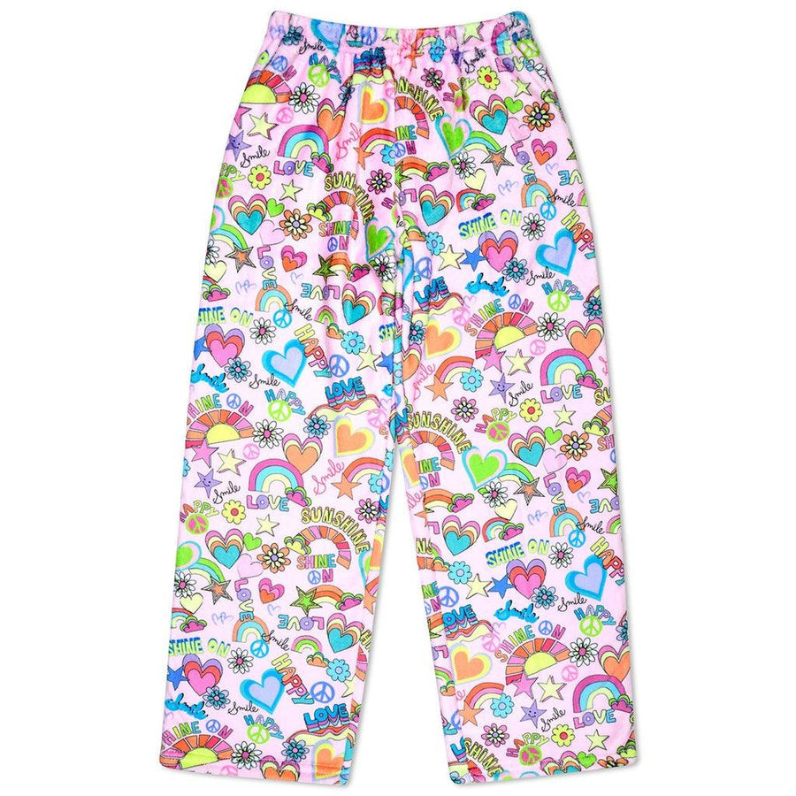 plush pants with colorful happy design, hearts, sunshine and stars