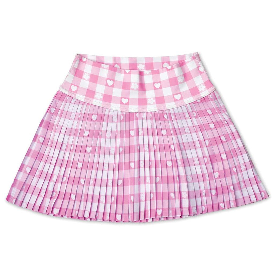 pink and white gingham skort with hearts and daisies in various squares. 