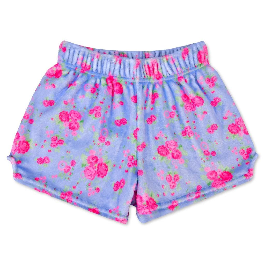 plush shorts, elastic waist- blue with small pink roses all over. 