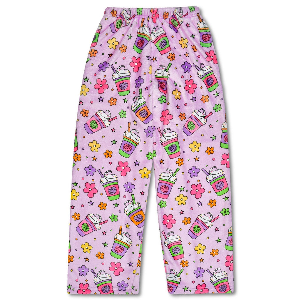 Pink pajama pants with colorful drink and flower pattern on a white background