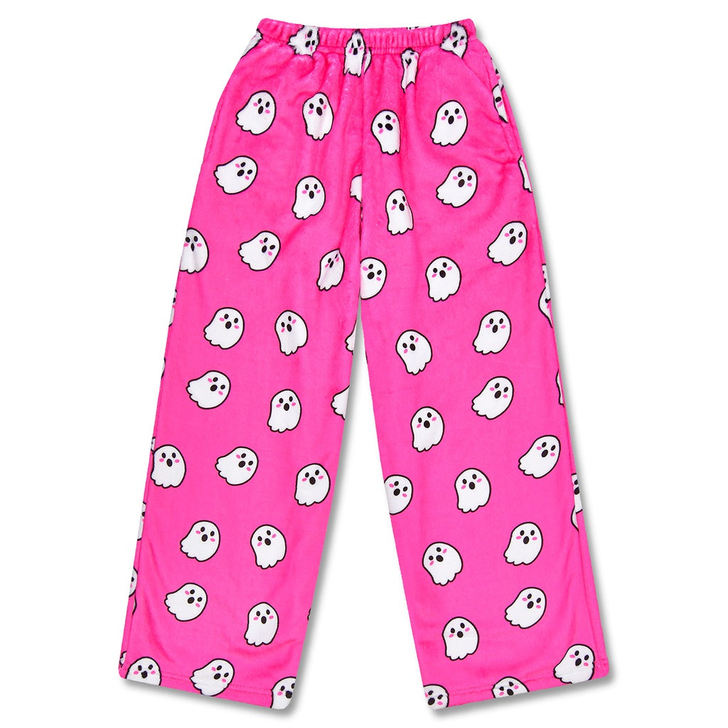 Pink fleece pajama pants with ghost pattern on a white background