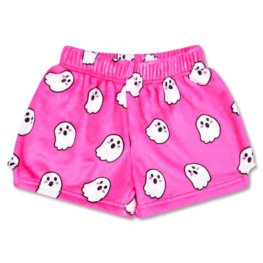 Pink shorts with ghost pattern on a white background