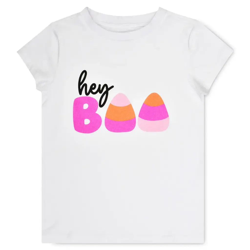 White t-shirt with 'hey Boo' and candy corn graphics on a white background