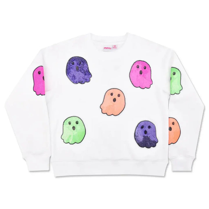 White sweatshirt with colorful ghost designs on a white background