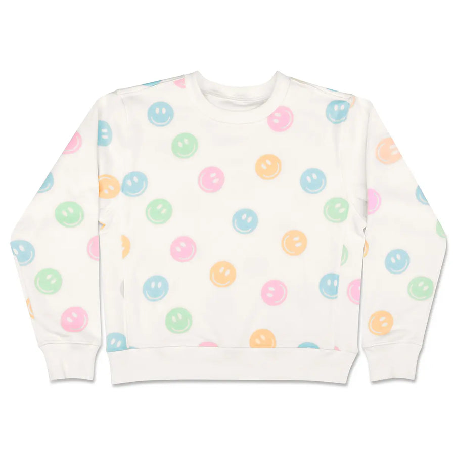White sweatshirt with colorful smiley face pattern on a white background