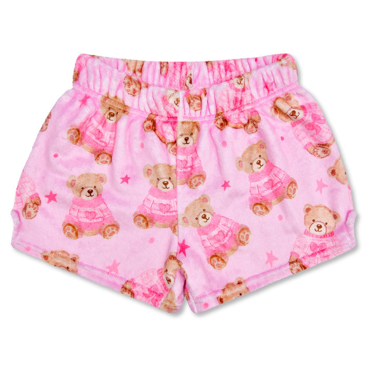 Pink shorts with teddy bear pattern on a white background