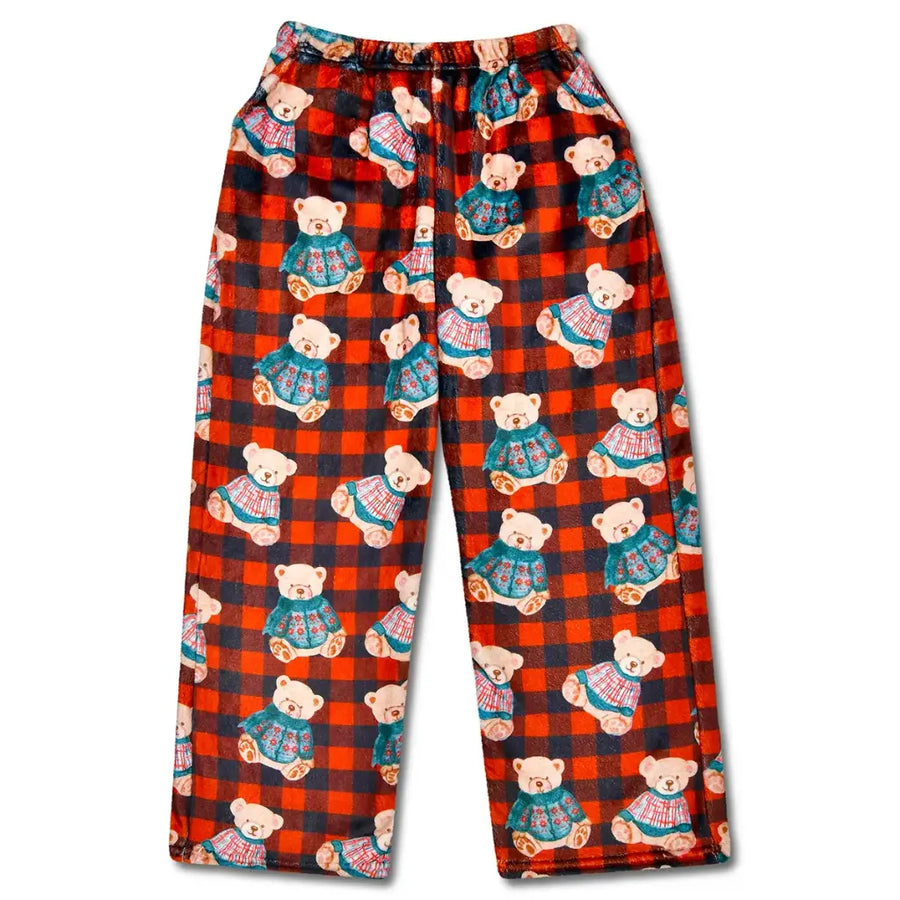 Plaid pajama pants with teddy bear pattern on a white background