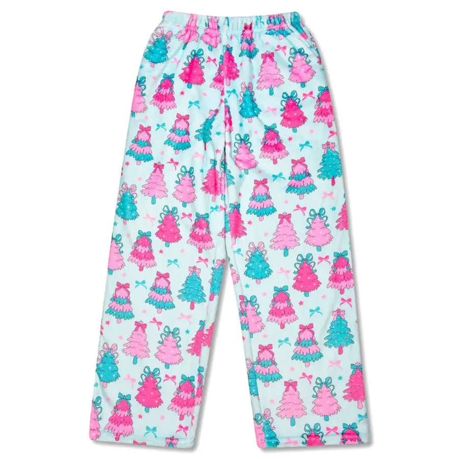 Christmas tree patterned pajama pants on a white background
