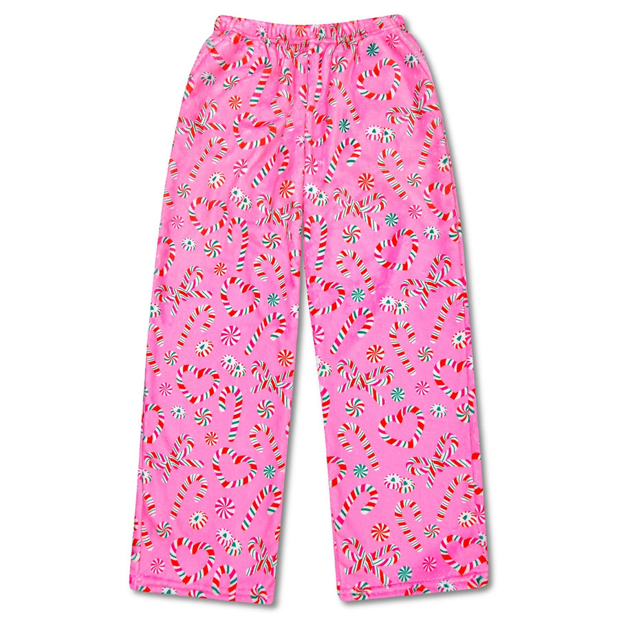Pink pajama pants with candy cane pattern on a white background