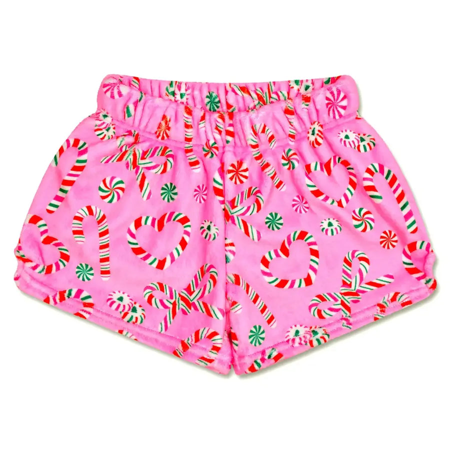 pink plush shorts with candy canes and mints shaped like bows and hearts 