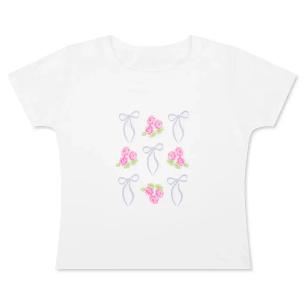 white cotton tee with lavender bows and pink bouquets of roses 